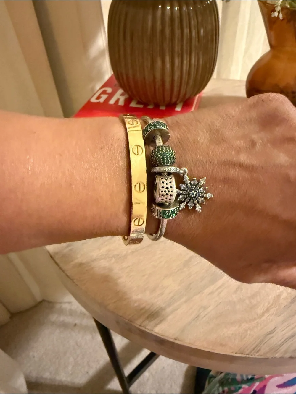 Pandora Silver Bangle with Green Crystal clips and winter theme charms